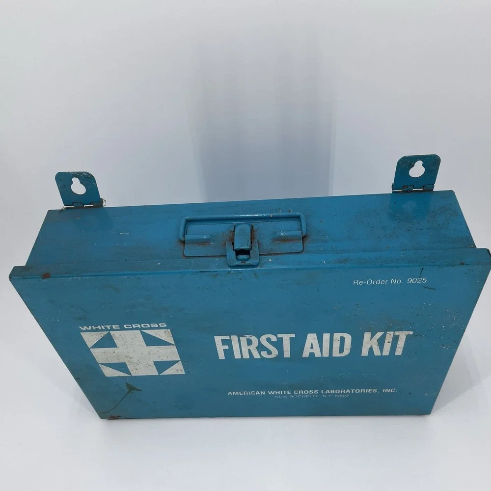 Steel‎ Wall Mount First Aid Kit White Cross Lab Factory Industrial Film Prop Vtg